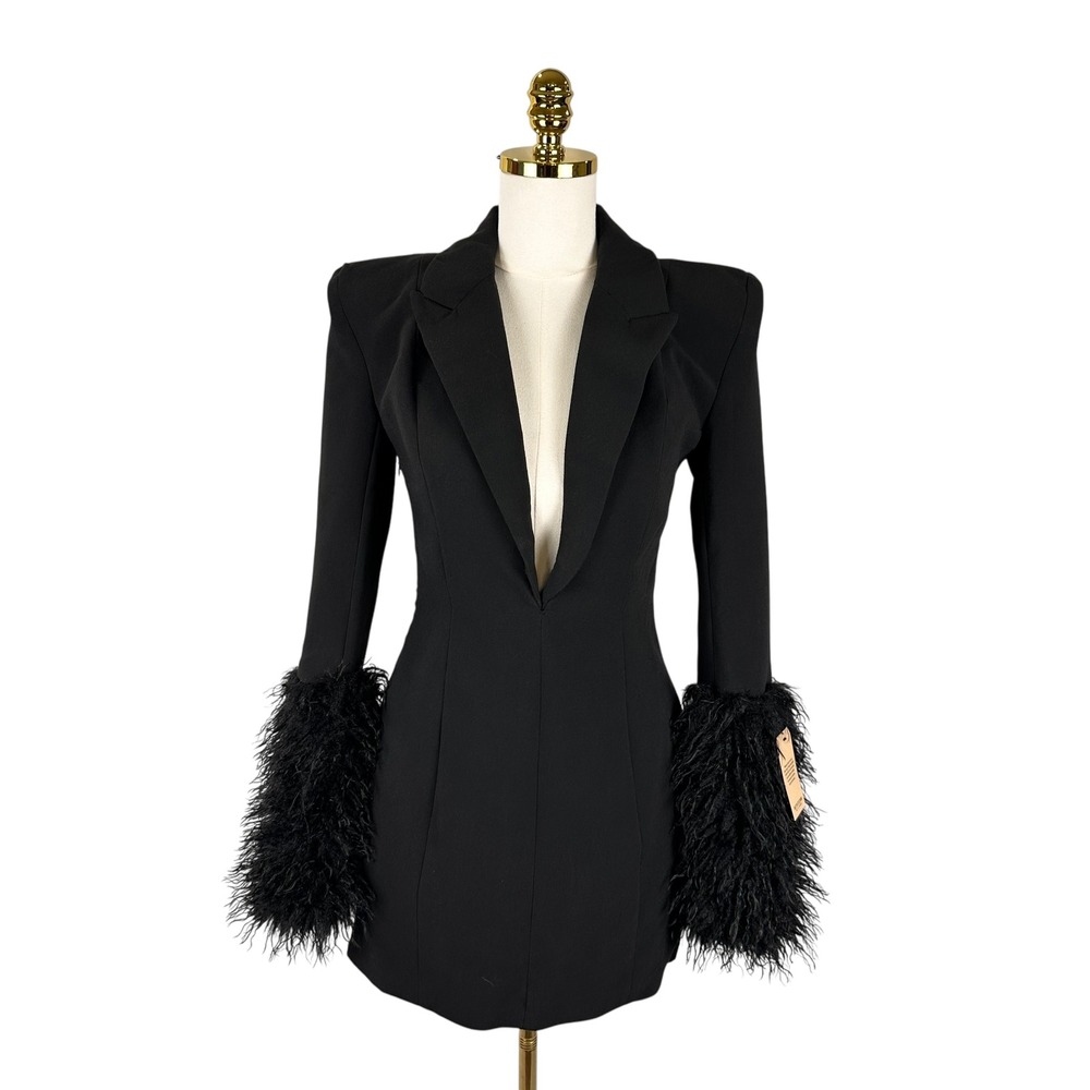 NWT Black Faux Fur Sleeve Tailored Blazer Dress Plunging V Neck Mini Party US 4